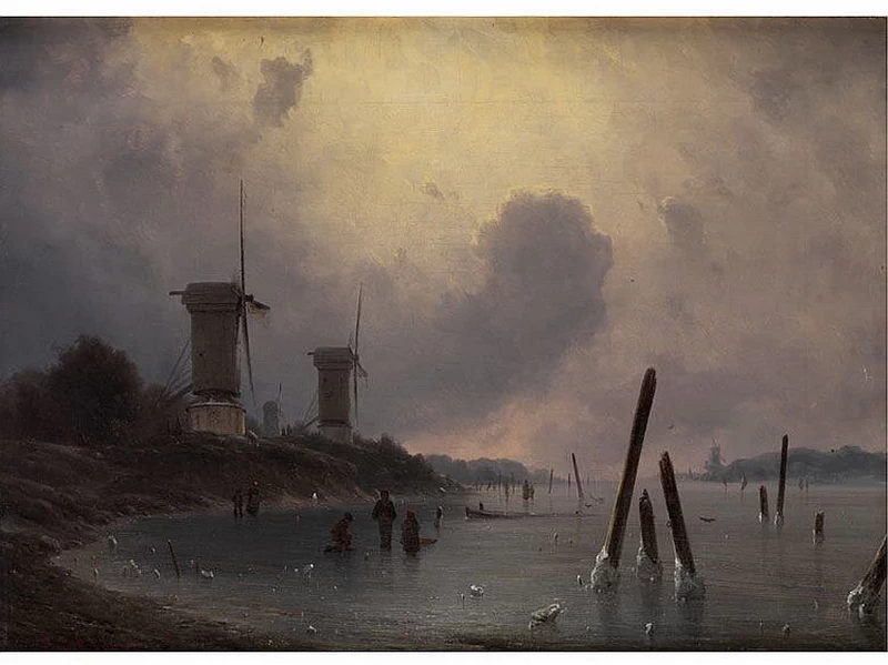 Paesaggio invernale con mulini e pattinatori